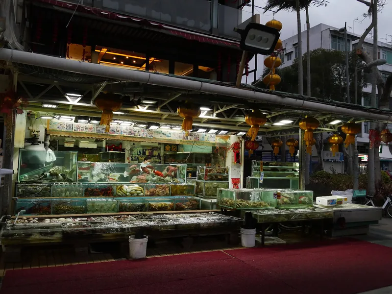 Seafood store tanks packed with live fish on Sai Kung seafood street
